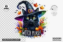 witch please clipart, black cat PNG, witch hat PNG, Halloween sublimation, sassy cat illustration, fall leaves PNG, Halloween sticker design, watercolor Halloween art, Halloween t-shirt design, print on demand Halloween, autumn cat clipart, DIY Halloween 