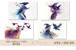 Cute watercolor Halloween witch illustration- 4jpeg files Product Image 1