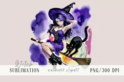 Cute watercolor witch and cat Halloween sublimation- 1 png Product Image 1