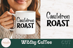 Witchy coffee SVG cut file printed on a mug perfect for Cricut and Silhouette projects and ideal for witchy coffee lovers