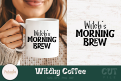 Witchy coffee SVG cut file printed on a mug perfect for Cricut and Silhouette projects and ideal for witchy coffee lovers