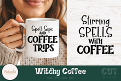 Witchy coffee SVG cut file printed on a mug perfect for Cricut and Silhouette projects and ideal for witchy coffee lovers