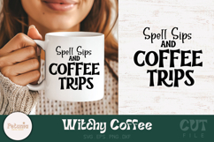 Witchy coffee SVG cut file printed on a mug perfect for Cricut and Silhouette projects and ideal for witchy coffee lovers