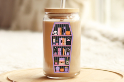 Cute haunted bookshelf PNG featuring pumpkins, candles, potion bottles, skull decor, and pastel spooky aesthetic in a whimsical coffin-shaped bookcase.