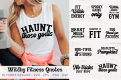 Funny witchy fitness quotes SVG cut files for Cricut and Silhouette projects used on t-shirts, gym totes, mugs, stickers, and other magical workout items.