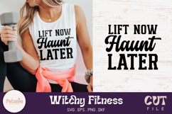 Trendy Witchy fitness SVG cut file printed on a workout shirt, perfect for Cricut and Silhouette projects and ideal for Halloween gym lovers