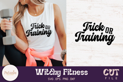 Trendy Witchy fitness SVG cut file printed on a workout shirt, perfect for Cricut and Silhouette projects and ideal for Halloween gym lovers