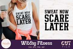 Trendy Witchy fitness SVG cut file printed on a workout shirt, perfect for Cricut and Silhouette projects and ideal for Halloween gym lovers
