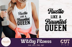 Trendy Witchy fitness SVG cut file printed on a workout shirt, perfect for Cricut and Silhouette projects and ideal for Halloween gym lovers