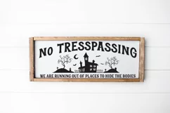 Welcome trick-or-treaters in style with this unique and eye-catching sign! Make your home stand out this Halloween season with our Funny Front Door Sign! The witty phrase "No Trespassing. 
