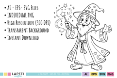 Wizard coloring page illustrations in outline style