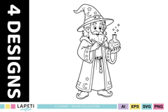 Printable wizard coloring images with clean outlines