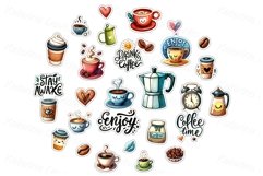 Coffee time sticker set. Cartoon watercolor stickers Product Image 2