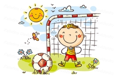 Cartoon boy playing soccer as a goalkeeper, sport activities Product Image 1