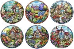 Stained glass with English cottage gardens, PNG clipart set Product Image 1