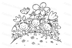 Cartoon doodle kids on flowering hill Product Image 2