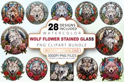Watercolor Wolf Flower Stained Glass Clipart Bundle Product Image 1