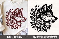 Intense wolf head SVG design encircled by blooming roses and leaves in vintage tattoo style, ideal for t-shirts, hoodies, posters, stickers, Cricut/Silhouette apparel crafts