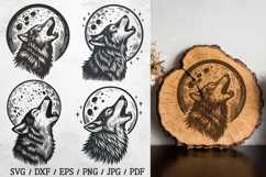 Wolf howling at moon SVG set—engraved hand-drawn woodland wolves for rustic decor, t-shirts, and laser engraving.