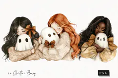Cozy Halloween Girl Hugging Ghost | Halloween PNG Product Image 1