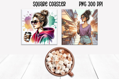 Woman coffee square coaster | Girl food coaster PNG Product Image 1
