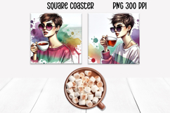 Woman coffee square coaster | Girl food coaster PNG Product Image 1