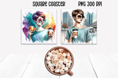 Woman coffee square coaster | Girl food coaster PNG Product Image 1