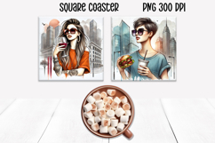 Woman coffee square coaster | Girl food coaster PNG Product Image 1