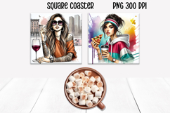 Woman coffee square coaster | Girl food coaster PNG Product Image 1