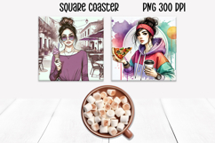 Woman coffee square coaster | Girl food coaster PNG Product Image 1