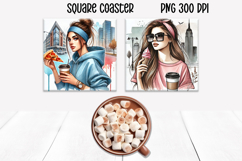 Woman coffee square coaster | Girl food coaster PNG Product Image 1
