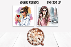 Woman coffee square coaster | Girl food coaster PNG Product Image 1