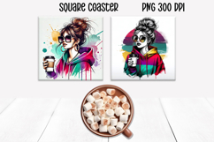 Woman coffee square coaster | Girl food coaster PNG Product Image 1