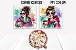 Woman coffee square coaster | Girl food coaster PNG Product Image 1