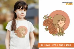 Cute Brunette Girl with Roses Illustration for Apparel Product Image 1
