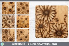 Bundle of six Pyrographic Daisys Square Coaster designs.