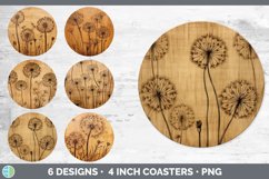 Bundle of six Pyrographic Dandelions Round Coaster designs.