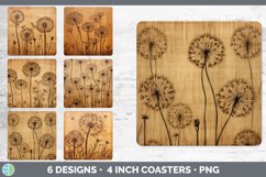 Bundle of six Pyrographic Dandelions Square Coaster designs.