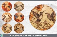 Bundle of six Pyrographic Hummingbirds Round Coaster designs.