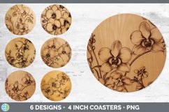 Bundle of six Pyrographic Orchid Round Coaster designs.