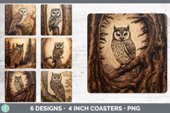 Bundle of six Pyrographic Owls Square Coaster designs.
