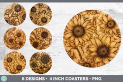 Bundle of six Pyrographic Sunflowers Round Coaster designs.