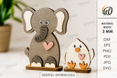 3D Animals Figurines Stands Lasercut. Elephant and Chick SVG Product Image 1