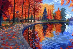 Colorful Red Autumn Wood Lake Painting - 11 Dimensions Product Image 2