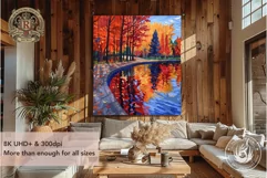 Colorful Red Autumn Wood Lake Painting - 11 Dimensions Product Image 5