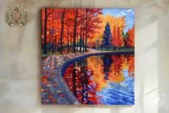 Colorful Red Autumn Wood Lake Painting - 11 Dimensions Product Image 1