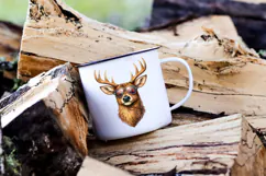 Masculine Valentine deer graphic of a buck with antlers and heart sunglasses, rendered in a painterly style with earthy tones and strong contrast.