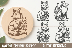 Sitting fox svg—woodland foxes with flowers, hand-drawn vector for Cricut, shirts, mugs, wall art, laser, decor.