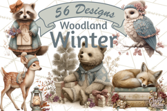 Muted Woodland Winter Animals PNG, Watercolor Forest Clipart Product Image 1