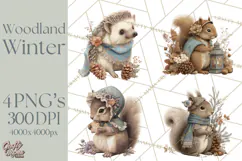 Muted Woodland Winter Animals PNG, Watercolor Forest Clipart Product Image 1